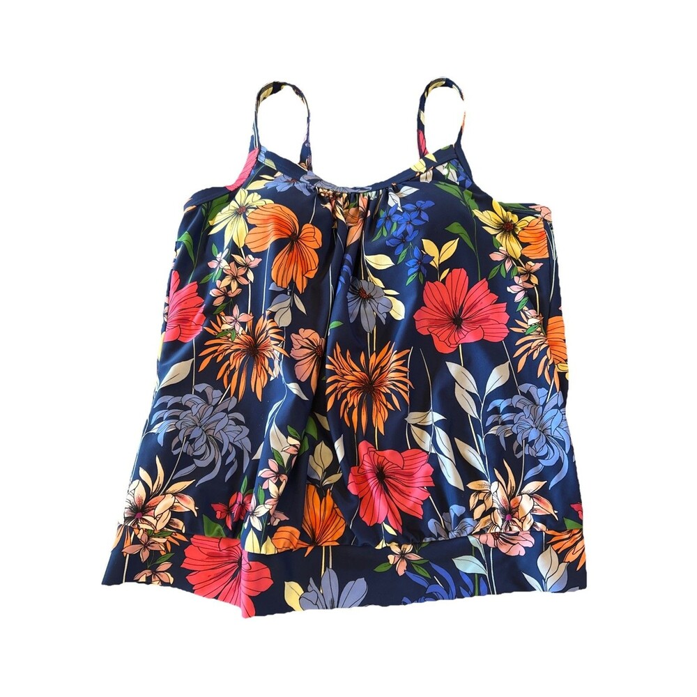 Coldwater Creek Blouson Swimsuit Tankini Top Size 12 Blue Pink Floral Padded Bra